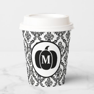 Damask Glam Monogram Halloween Pumpkin Paper Cups