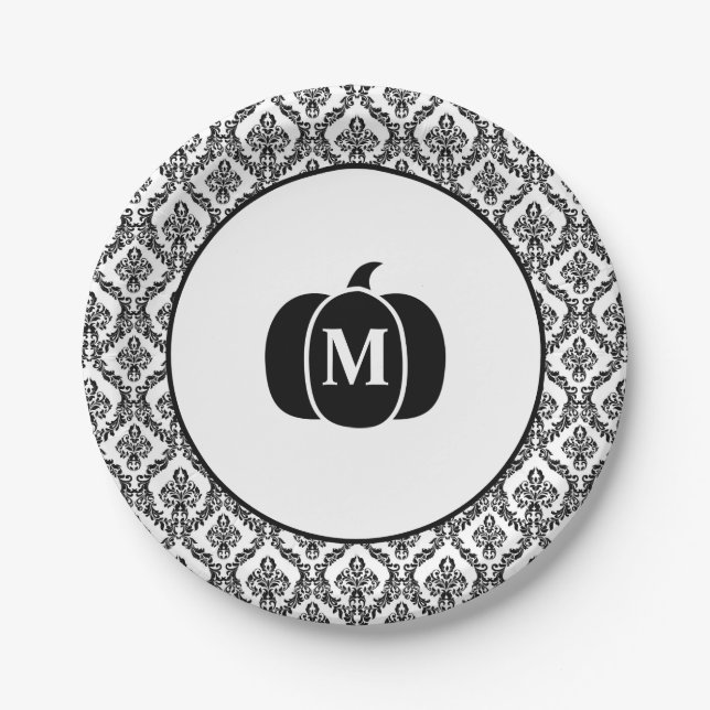 Damask Glam Monogram Halloween Pumpkin  Paper Plates (Front)