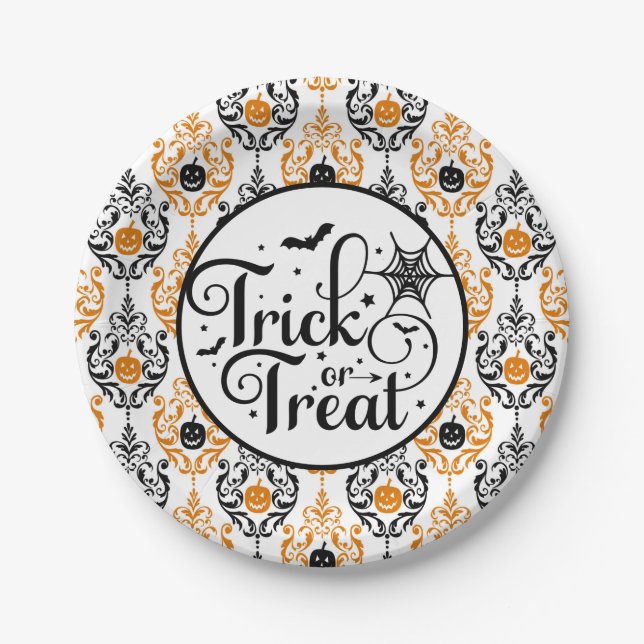 Damask Glam Pumpkin | Trick or Treat  Paper Plates (Front)