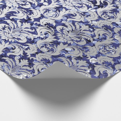 Damask Glitter Blue Navy Silver Gray Royal Cottage Wrapping Paper