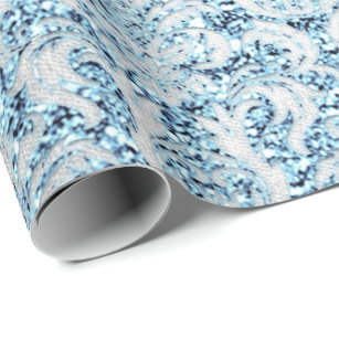 Damask Glitter Blue Silver Gray Royal Cottage Lux Wrapping Paper