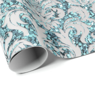 Damask Glitter Blue Silver Gray Royal Sequin Wrapping Paper