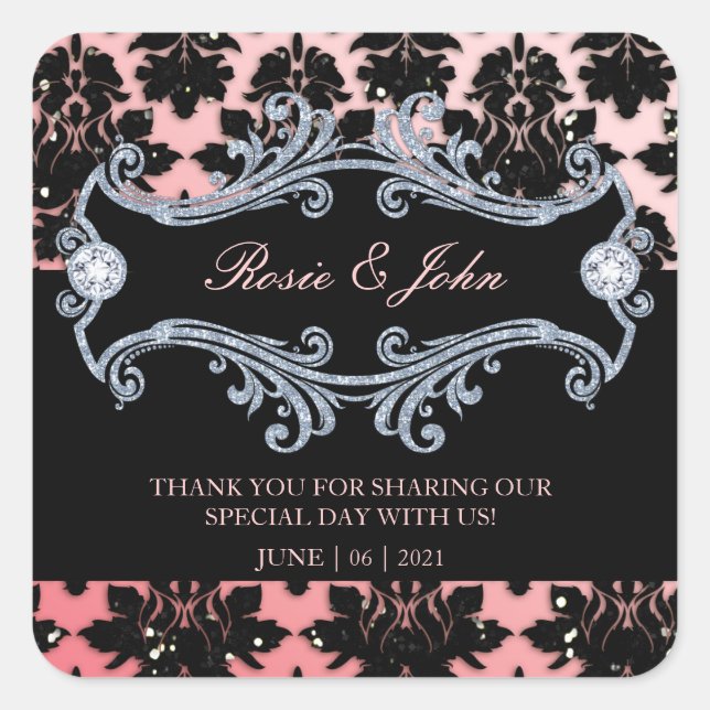 Damask Glitter Coral Wedding Monogram Square Stick Square Sticker (Front)