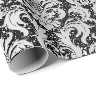 Damask Glitter Silver Gray Black Royal Metallic Wrapping Paper