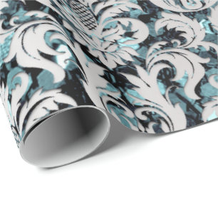 Damask Glitter Teal Silver Gray Royal Sequin Wrapping Paper