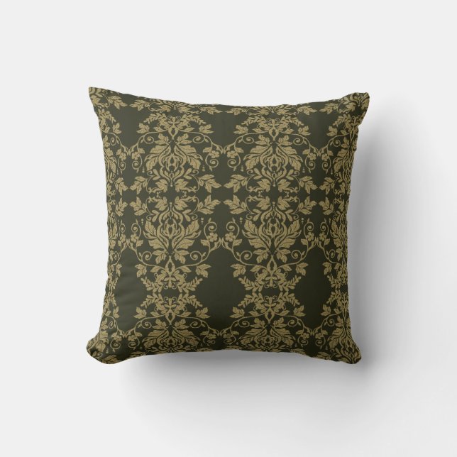 Damask Gold and Dark Olive Decor Throw Pillow (Front)