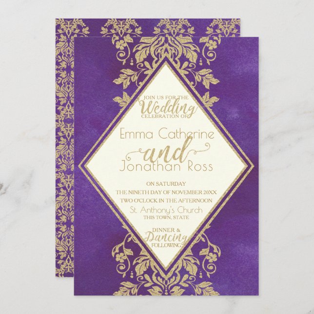 Damask Gold and Royal Purple Wedding Invitation (Front/Back)
