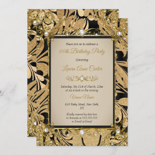 Damask Gold Beige Pearl Photo Birthday Party Invitation