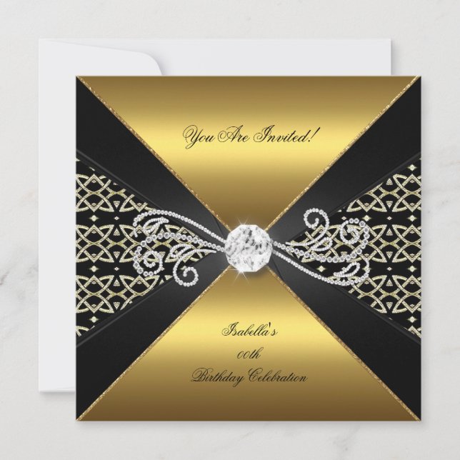 Damask Gold Black Diamond Gem Birthday Party Invitation (Front)