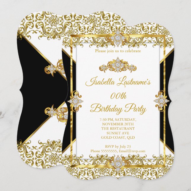 Damask Gold Black White Diamond Birthday Party Invitation (Front/Back)