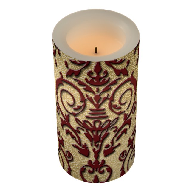 Damask Gold Burgundy Red Maroon Unity Flameless Candle (Angled)