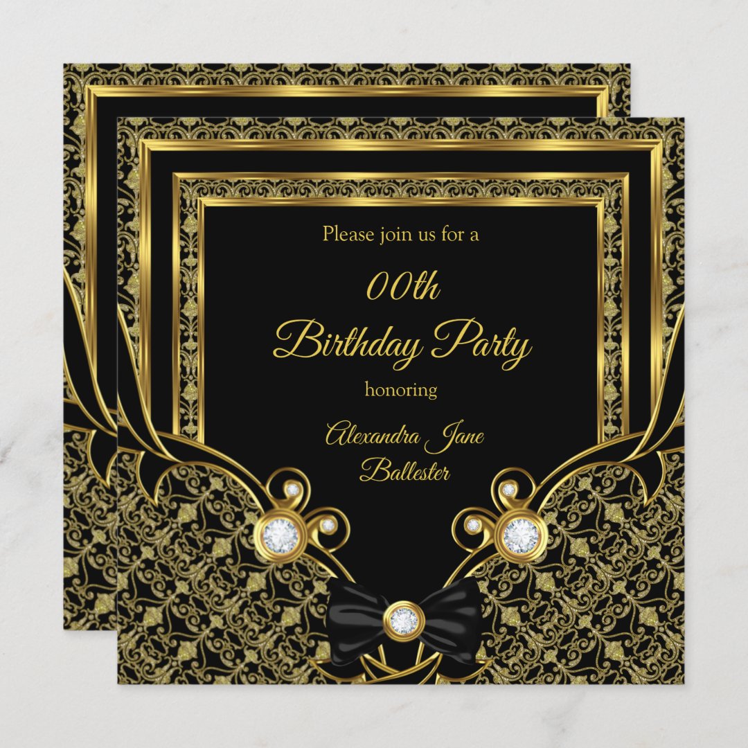 Damask Gold Diamond Black Bow Birthday Party Invitation 