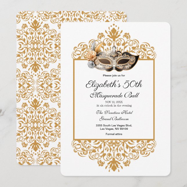 Damask Gold Masquerade Ball 50th Birthday  Invitat Invitation (Front/Back)