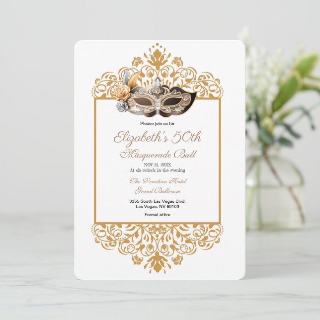 Damask Gold Masquerade Ball 50th Birthday  Invitat Invitation (Standing Front)