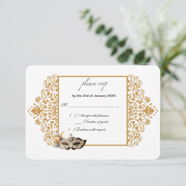 Damask Gold Masquerade RSVP Card (Standing Front)