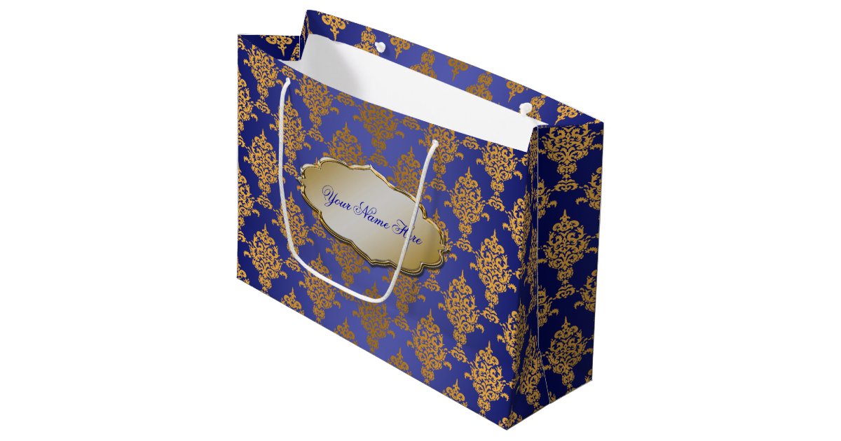 Damask Gold on Royal Blue Label Large Gift Bag Zazzle