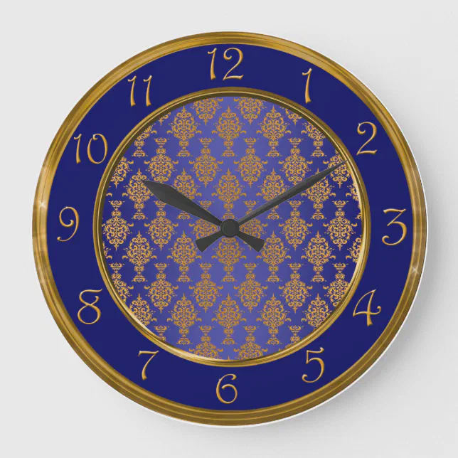 Damask Gold on Royal Blue Numbers Large Clock | Zazzle