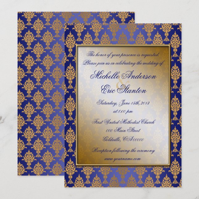 Damask Gold on Royal Blue Shine Invitation (Front/Back)