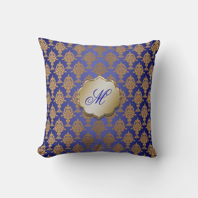 Damask Gold on Royal Blue Throw Pillow (Front)