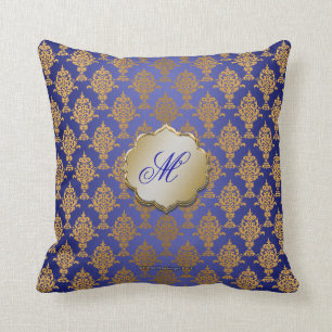 Damask Gold on Royal Blue Throw Pillow