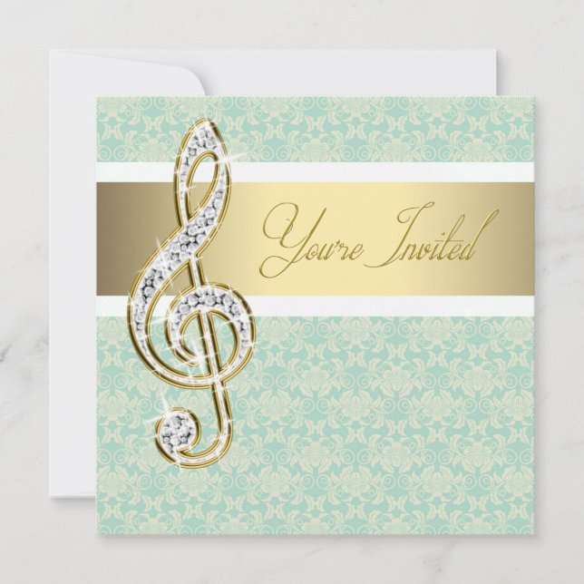 Damask Gold Treble Clef Music Recital Invitations (Front)