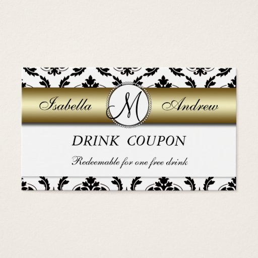 Customizable Damask Gold Wedding Free Drink Coupon Card Business Card Template