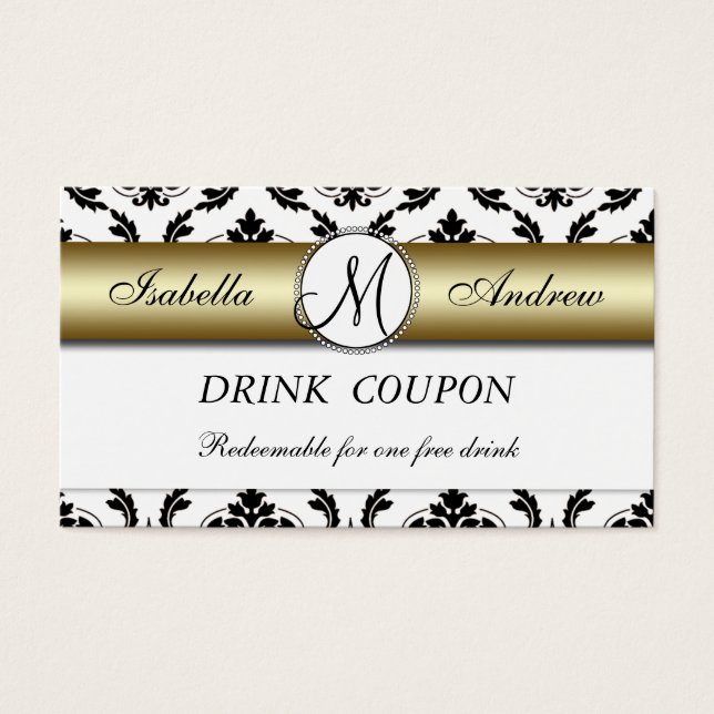 Damask Gold Wedding Free Drink Coupon Card (Front)
