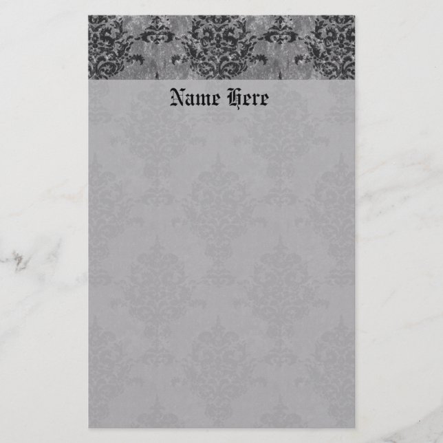 Damask Gothic Black on Gray Stationery (Front)