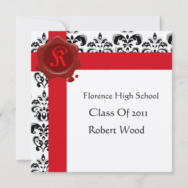 DAMASK GRADUATION PARTY Red Wax Seal  Monogram Invitation (Front)