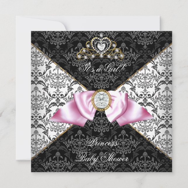 Damask Gray Baby Shower Girl Black Pink Princess Invitation (Front)