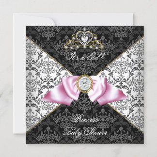 Damask Gray Baby Shower Girl Black Pink Princess Invitation