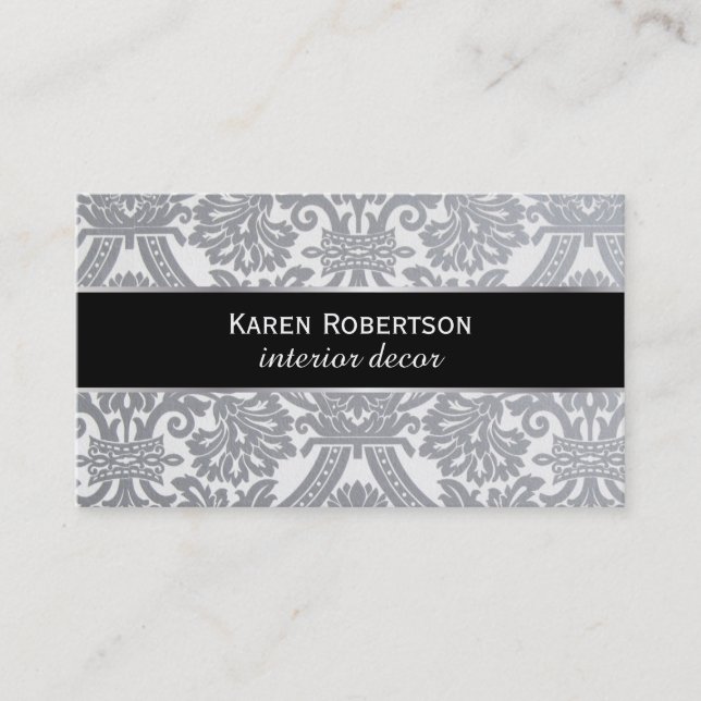 Damask Gray / black band / silver lining Business Card (Front)