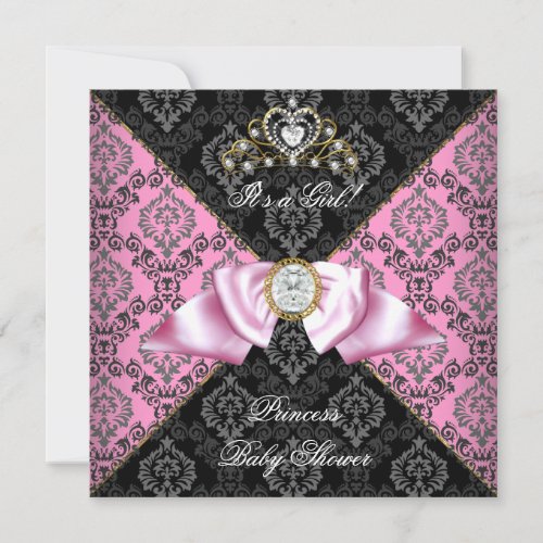 Damask Gray Black Pink Princess Baby Shower Girl Invitation