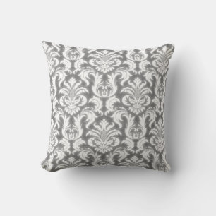 Damask Gray White Elegant Velvet Lux Throw Pillow