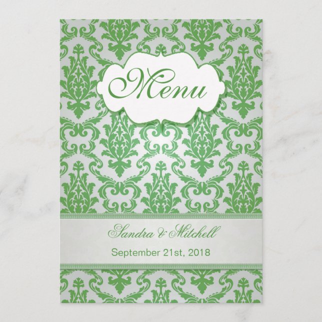 Damask green apple color Wedding Menu (Front)