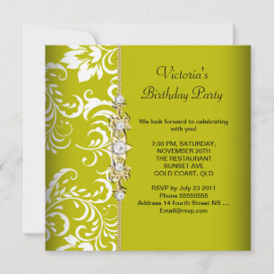 Damask Green Avocado White Birthday Party Gold Invitation