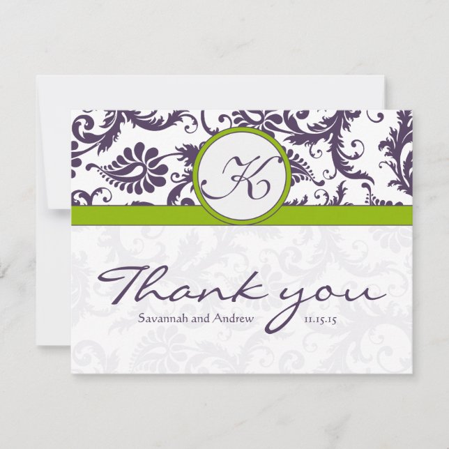 Damask Green & Lapis Purple Wedding Thank You (Front)