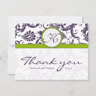 Damask Green & Lapis Purple Wedding Thank You Card