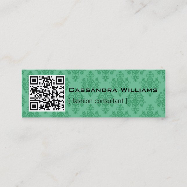 Damask Green QR CODE Mini Business Cards (Front)