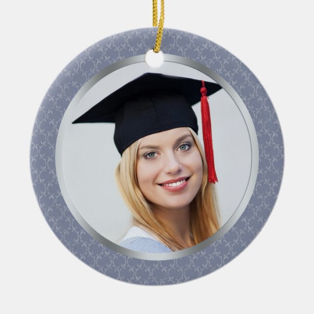 Damask grey blue Graduation photo Ornament (Front)