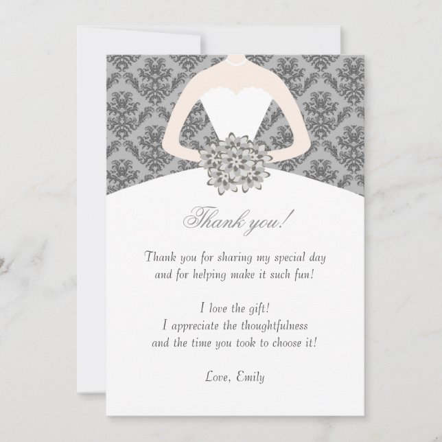 Damask Grey Silver Dress Thank You Card (Front)