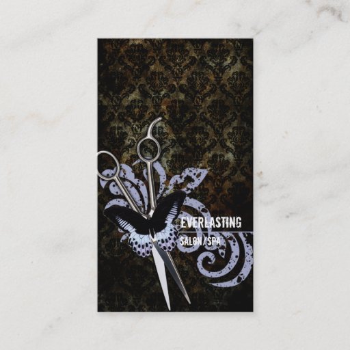 Customizable damask grunge butterfly hair stylist scissors business card template