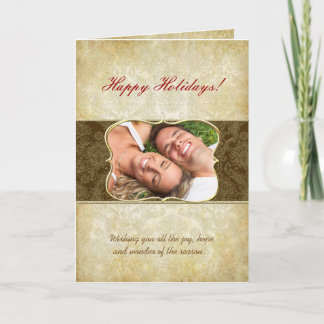 Damask Happy Holidays Gold Frame Your Photo Card
