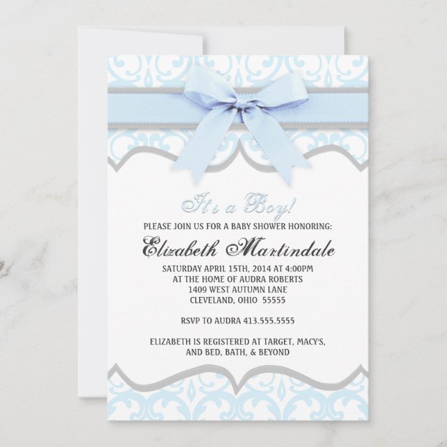 Damask Heart Blue Ribbon Baby Shower Invitation (Front)