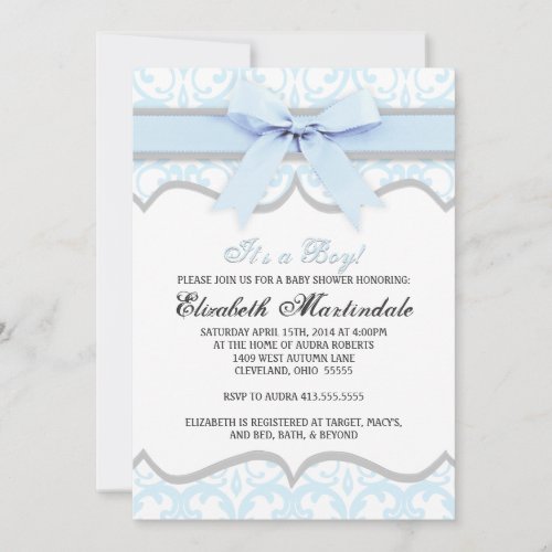 Damask Heart Blue Ribbon Baby Shower Invitation