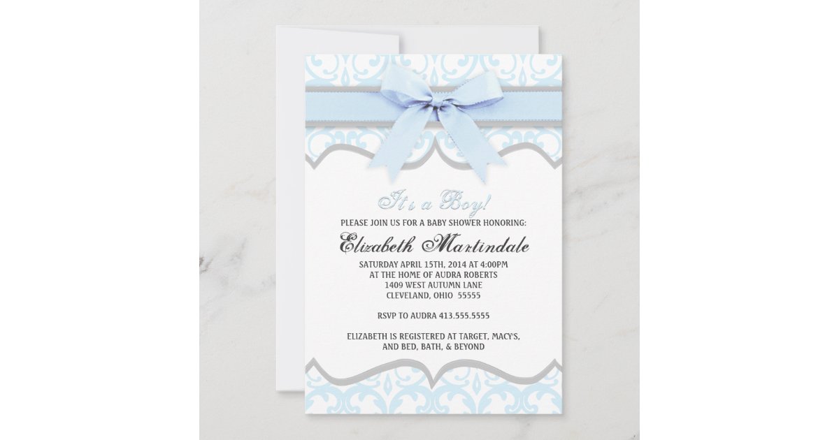 Damask Heart Blue Ribbon Baby Shower Invitation | Zazzle