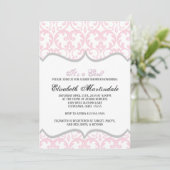 Damask Heart Pink Ribbon Baby Shower Invitation (Standing Front)