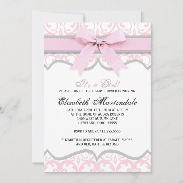 Damask Heart Pink Ribbon Baby Shower Invitation (Front)