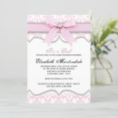 Damask Heart Pink Ribbon Baby Shower Invitation (Standing Front)