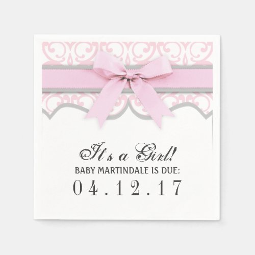 Damask Heart Pink Ribbon Baby Shower Napkin